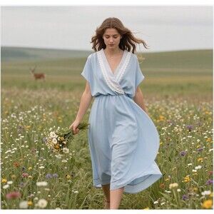 VTG Romantic Aquamarine 70s 80s baby blue Dress Womens Vneck Lace crepe Midi M L